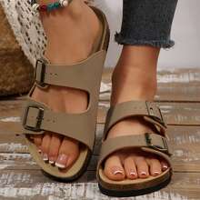 Womens Flats Sandals Adjustable Buckle Slippers Comfort Slides For Women Soft Flat Open Toe Summer Footwear Shoes - 駝色 - 查看 8