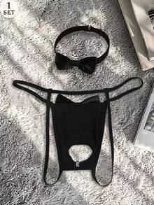 Tanga sexy y cómodo para hombres con patrón de lazo hueco y collar - Negro - Ver 3
