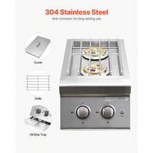 Quemadores laterales de parrilla doble, quemador lateral de propano líquido de 2 x 17,000BTU para cocina al aire libre, convertible a gas natural, quemadores dobles incorporados de acero inoxidable 304 con led para barbacoa - Plateado - Ver 5