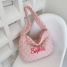 1pc Customized Embroidered Striped Shell Cosmetic Bag, Fresh Macaron Color, With Zipper & Personalized Makeup Pouch, Portable Toiletry Organizer, Random Pom Pom Design, Cute Gift For Family, Friends, Birthday, Holiday - Multicolor - View 3