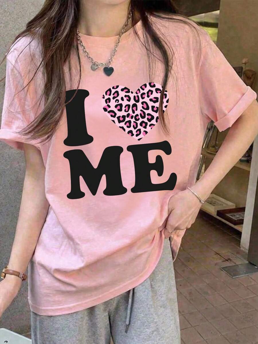 Kaos Lengan Pendek Warna Pink Muda, Motif Hati, Atasan Kasual Longgar Serbaguna, Koleksi Musim Panas Terbaru - Baby Pink - View 1