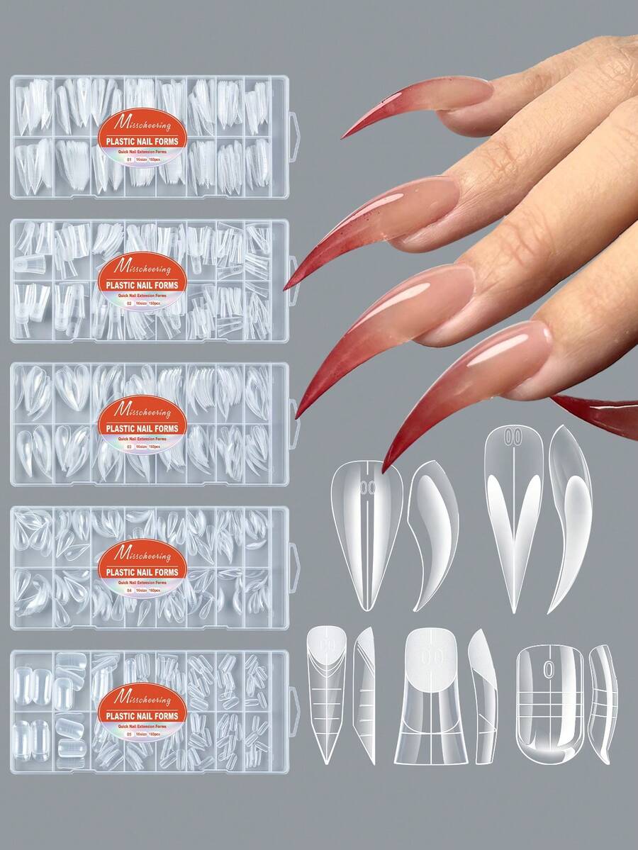 160pcs Crystal Nail Extension Mold, Duck Mouth Long Sharp Eagle Claw False Nail DIY Mold, Paperless Crystal Gel Nail Art Mold, Creative Nail Extension Mold - Clear - View 1