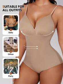 Women's Deep V-Neck Bodysuit With Triangle Cups, Slimming And Lifting Effect, Excellent For Layering - Apricot - View 5