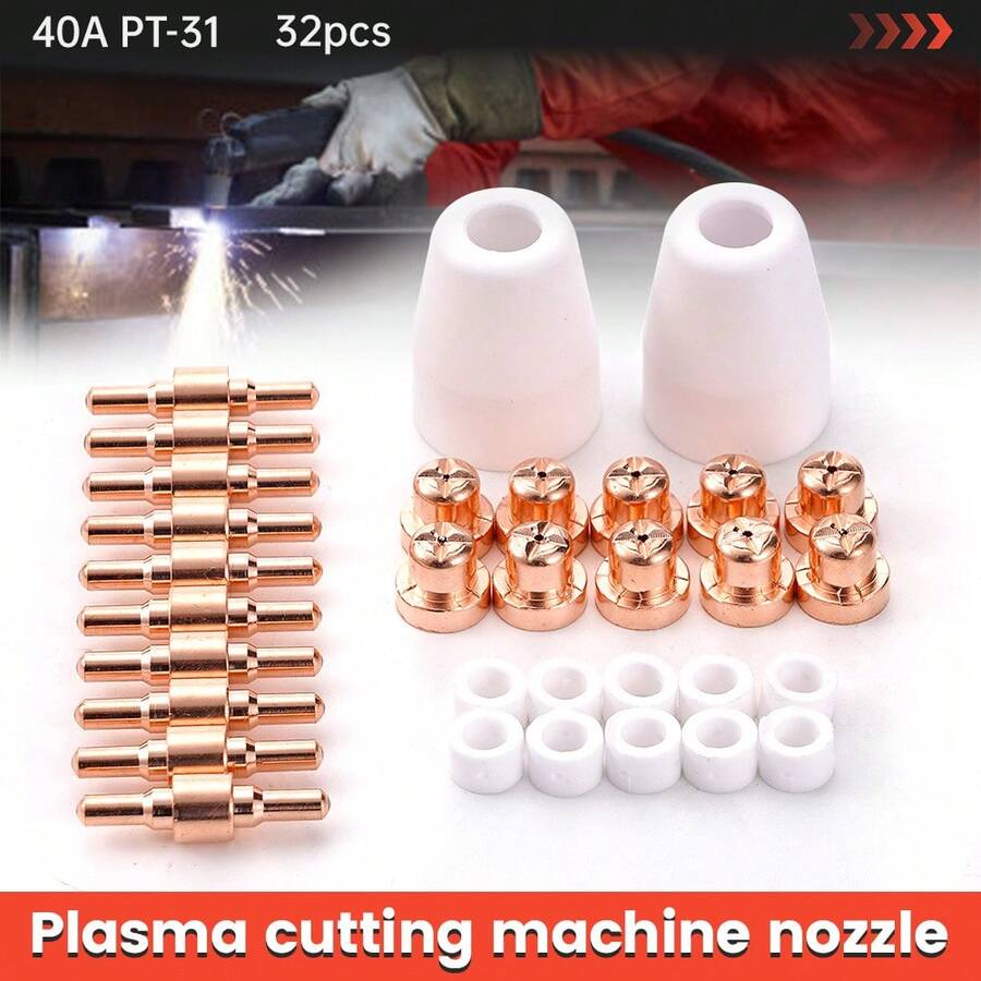 32个等离子切割喷嘴，易于安装，使用寿命长，适用于等离子切割机的配件，40A PT31电极和喷嘴，用于工业金属加工 - 彩色 - 查看 1
