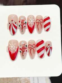 10PCS Christmas Fake Nails With Snowflake Bowknot Design For Decorative False Nails Nail Supplies - Multicolor - View 5