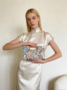 Vintage Chinese Style Embroidered Evening Bag, Oil Painting Jacquard, Floral Embroidery, Suitable For Cheongsam, Wedding, Party, Celebration, Birthday, Banquet, Matching Bridal Gown, Formal Dress, Best Holiday Gift For Women - Yellow - View 2