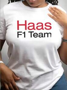 Women Haas F1 Team Graphic T-Shirt White With Bold Red Black Logo Casual Street Style Short Sleeve Top Durable Machine-Washable Fabric Regular Fit Round Neck Tee For Weekend Outfits Street Fashion Comfortable Fit Shirt - 白色 - 查看 1
