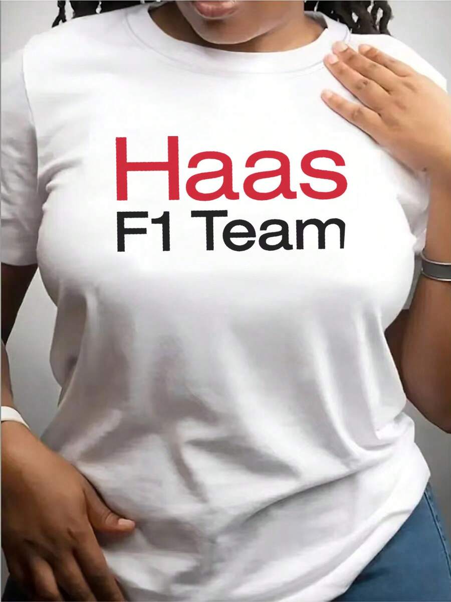 Women Haas F1 Team Graphic T-Shirt White With Bold Red Black Logo Casual Street Style Short Sleeve Top Durable Machine-Washable Fabric Regular Fit Round Neck Tee For Weekend Outfits Street Fashion Comfortable Fit Shirt - 白色 - 查看 1