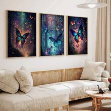Set de 3 piezas de arte de pared de lienzo con mariposas, diseño de mariposas de bosque soñador, decoración de pared, patrón de mariposas, decoración moderna para el hogar, adecuado para decoración del hogar, decoración de habitación, decoración de dormitorio, decoración de sala de estar, decoración de baño, decoración de pared, arte de pared opcional con marco. - Multicolor - Ver 3