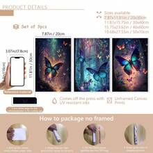 Set de 3 piezas de arte de pared de lienzo con mariposas, diseño de mariposas de bosque soñador, decoración de pared, patrón de mariposas, decoración moderna para el hogar, adecuado para decoración del hogar, decoración de habitación, decoración de dormitorio, decoración de sala de estar, decoración de baño, decoración de pared, arte de pared opcional con marco. - Multicolor - Ver 12