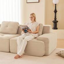 Living Room Sofa Made Of Corduroy, Boneless L-Shaped Sofa With Deep Seat, 3-Seater Modular Sofa With Ottoman, Corner Sofa For Living Rooms And Apartments, Assembly Not Included - Beige - View 6