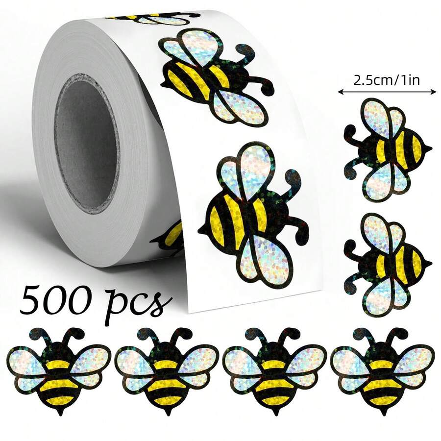 500张/卷 全息蜜蜂涂鸦贴纸，不对称闪光卡通动物贴纸，适用于信封、杂志、手机壳、水杯、电脑、剪贴簿DIY装饰、派对礼品包装，PVC贴纸封条 - 彩色 - 查看 1