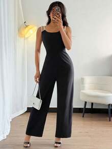 1pc Women's Spring/Summer Pearl Strap Colorblock Jumpsuit, Elegant Fitted Waist Design For Date, Commute, Everyday Wear - Black - View 4