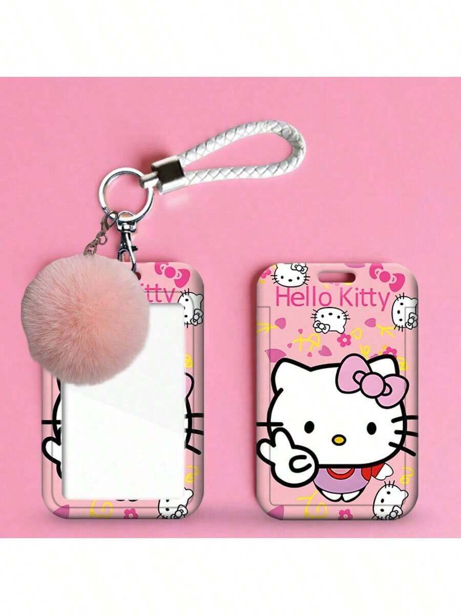 1 PC Hello Kitty Kawaii ID Card Holder With Wrist Strap, Cute Cartoon Bow & Daisy Pattern Hard Case Photocard Holder, Bus Metro Pass Protector For School Office Supplies