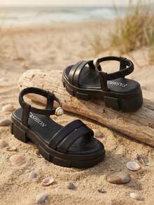 1 Pair Girls' Summer High Heel Sandals, Solid Black Simple Versatile, Double Strap Pearl Slip-On Sandals, Suitable For Beach And Daily Wear - Black - View 3