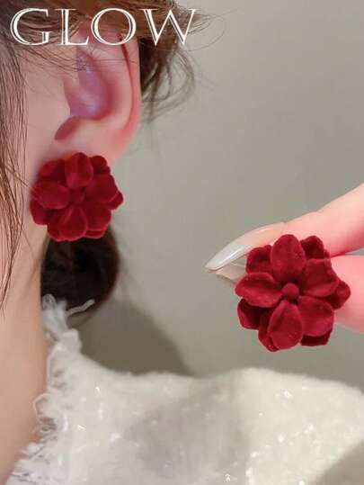 1 par eleganta örhängen med kameliablomma i sammet, fina och söta, lämpliga för tonårsflickor, vardagskläder och helgdagar som nyår, alla hjärtans dag