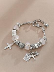 1pc Y2K Charm Bracelet, 1pc Cross Charm Bracelet, Retro Streetwear Fashion Bracelet, 1pc Cross & Heart Charm Bracelet, Glow-In-The-Dark Bracelet - Silver - View 10