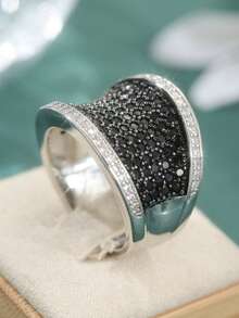 女士奢华宽版承诺戒指，时尚拉丝立方氧化锆闪亮结婚戒指，银色时尚首饰 - 黑色 - 查看 9