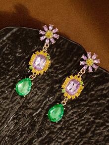 1 Pair Carnival Earrings, Classic Tricolor Purple, Green, Yellow Rhinestone Dangle Earrings, Fashionable & Unique Jewelry - Style 1 - View 2