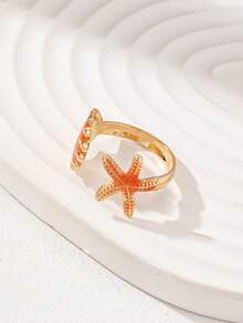 1pc Enamel Starfish & Shell Adjustable Ring, Summer Vacation Style For Women - Orange - View 4