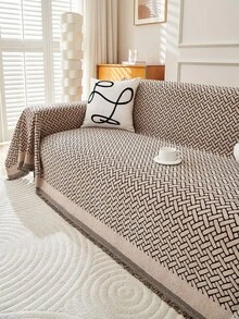 1pc Solid Color Sofa Towel Cover, Chenille Tasseled Sofa Slipcover Suitable For Living Room, Bedroom, Office, Home Decor, For 1/2/3/4 Seater Sofas - Coffee Brown - View 5