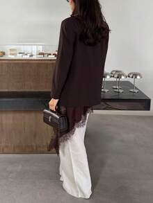 2026春夏棕色OL西装外套 时尚优雅 婚礼毕业派对 女士上衣 休闲薄款纯色商务双扣西装外套 乡村度假女士西装外套 - 棕色 - 查看 10