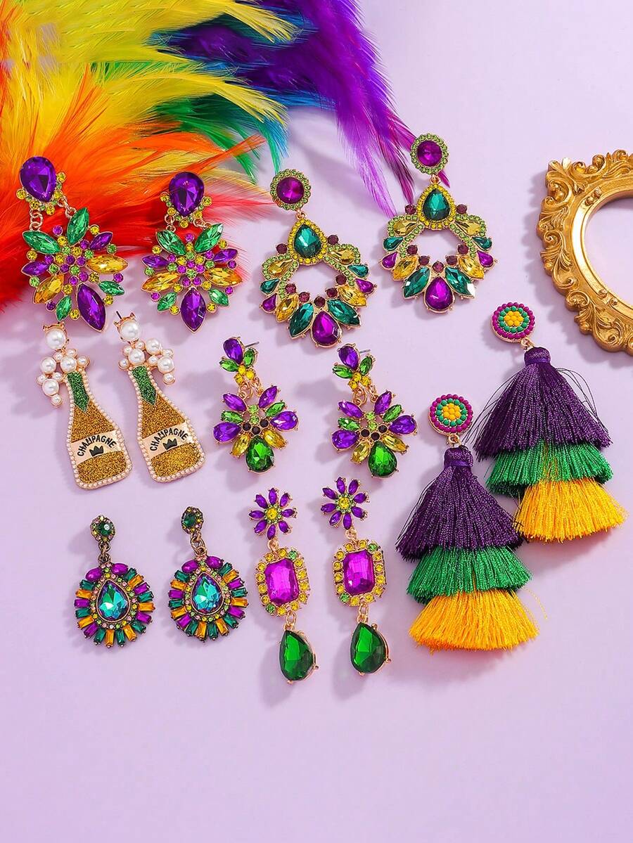 1 paire Boucles d'oreilles carnaval, pompon bouteille de vin, strass tricolores, boucles d'oreilles à la mode, pour fête, festival, boucles d'oreilles légères et luxueuses pour femme - Multicolore - Voir 1
