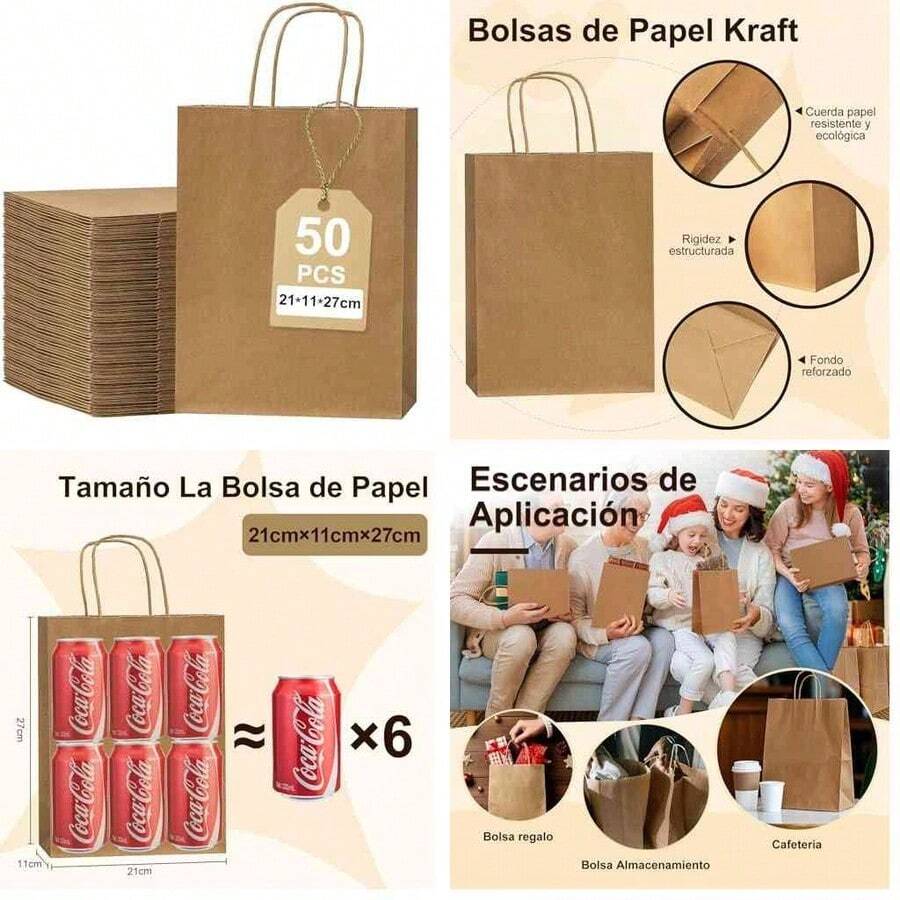 ECLATIQUE 50 Bolsas de Papel Kraft para Regalos (27x21x11cm), Bolsas de Papel Reciclable con Asas, Fuerte Adherencia y Capacidad de Carga, Boutique, Restaurantes, Panadera - 27x21x11cm+27x21x11cm - Ver 1