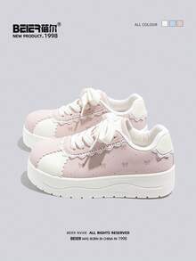 BEIER 春秋新款时尚百搭真皮圆头平底系带滑板鞋（女款） - 粉色 - 查看 2