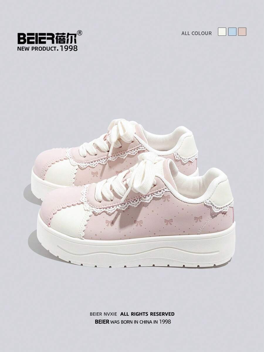 BEIER 春秋新款时尚百搭真皮圆头平底系带滑板鞋（女款）