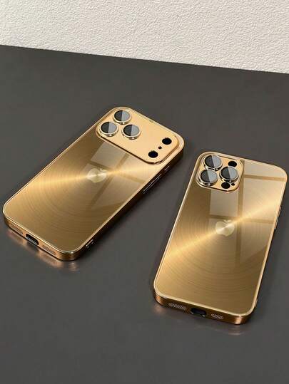 1pc Luxury Gradient Spiral Apple Pattern Gold Electroplated Glass Phone Case With Lens Protector Film, Compatible With Iphone 17Promax/17/17Pro/16Pro/16Promax/13/15Pro/14/16/15Promax/12/13Pro/14Promax, Fashionable Protective Case, High-End Luxury, Suitable As A Gift For Friends And Couples