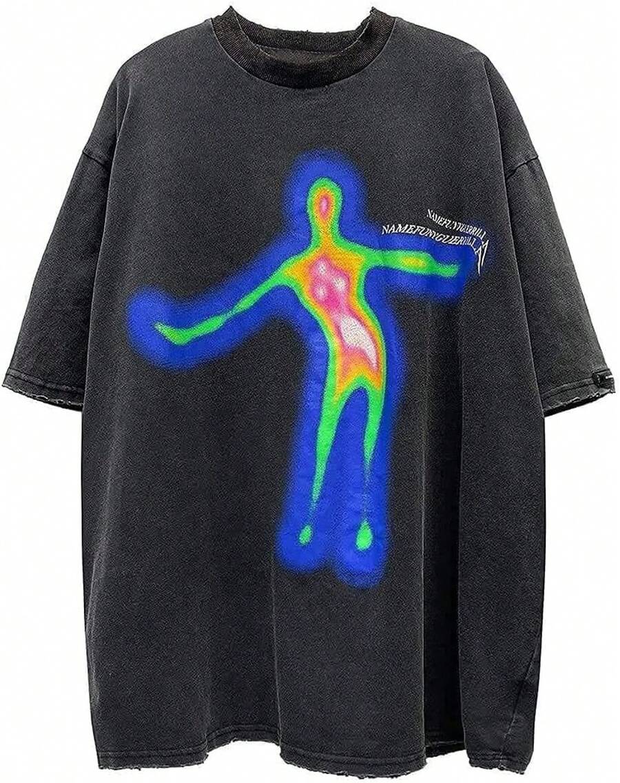 Laixton Men's Pattern T-Shirt Unisex Cotton Oversized T-Shirt Short Sleeve Retro Streetwear Casual T-Shirt Top Comfortable Washed Cotton T-Shirt - Màu đen cổ điển - Xem 1