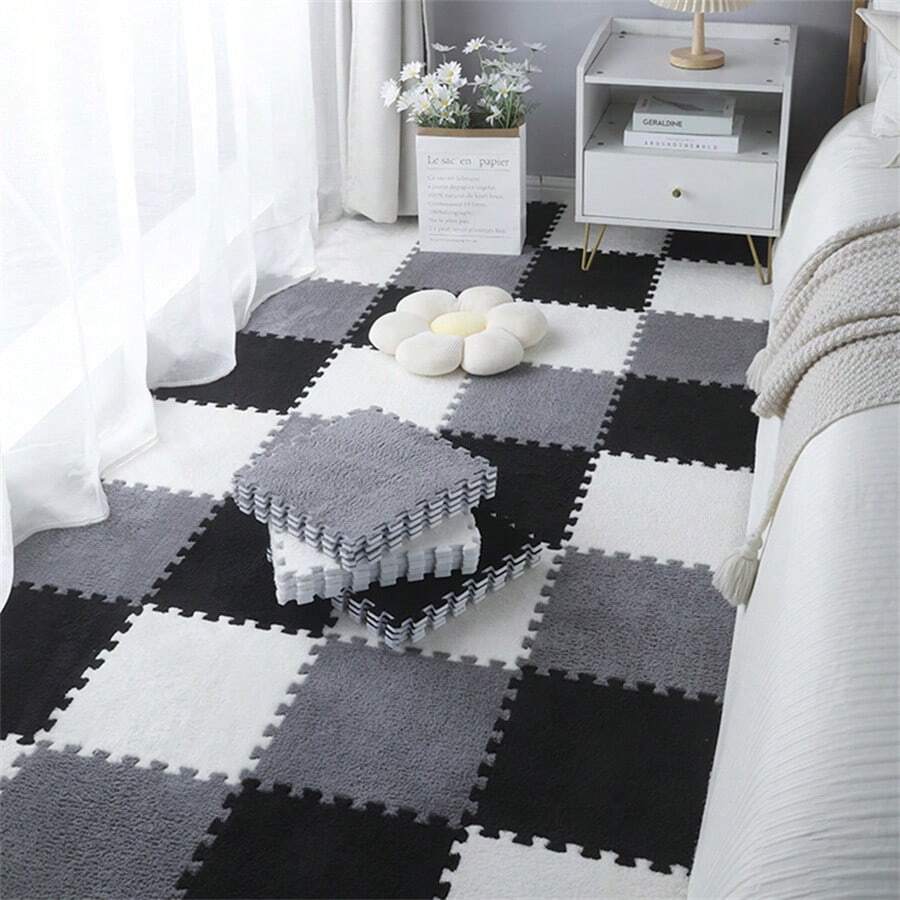 12片装方形拼图地毯垫，客厅沙发全覆盖拼图地垫，方形拼图风格床边地毯卧室地垫 - 彩色 - 查看 1