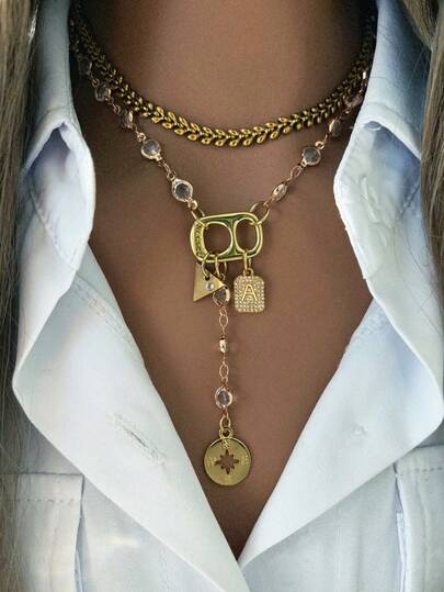 This Women's Gold Color Pull Tab Necklace Features Triangle Pendant, Letter Pendant, Short Chain, And Octagon Star Pendant, With A Simple And Elegant Design, Perfect For Wearing On Holidays And Parties.