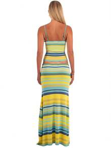 Women's Two-Piece Skirt Set, New For Summer, Featuring A Striped Sleeveless Camisole Top And A Slim-Fitting Long Skirt, Perfect For Y2K-Style Vacation And Casual Outings. - 黃色 - 查看 2
