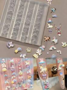 1 khuôn làm móng tay hình kỳ lân, ngựa cầu vồng, nơ, kẹo, vòng quay ngựa gỗ, thỏ dễ thương, trang trí móng tay 3D tự làm bằng silicon trong suốt. - Trong sáng - Xem 2