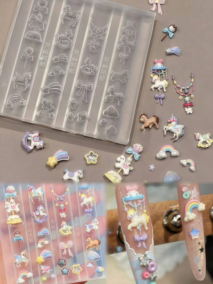 1 khuôn làm móng tay hình kỳ lân, ngựa cầu vồng, nơ, kẹo, vòng quay ngựa gỗ, thỏ dễ thương, trang trí móng tay 3D tự làm bằng silicon trong suốt.