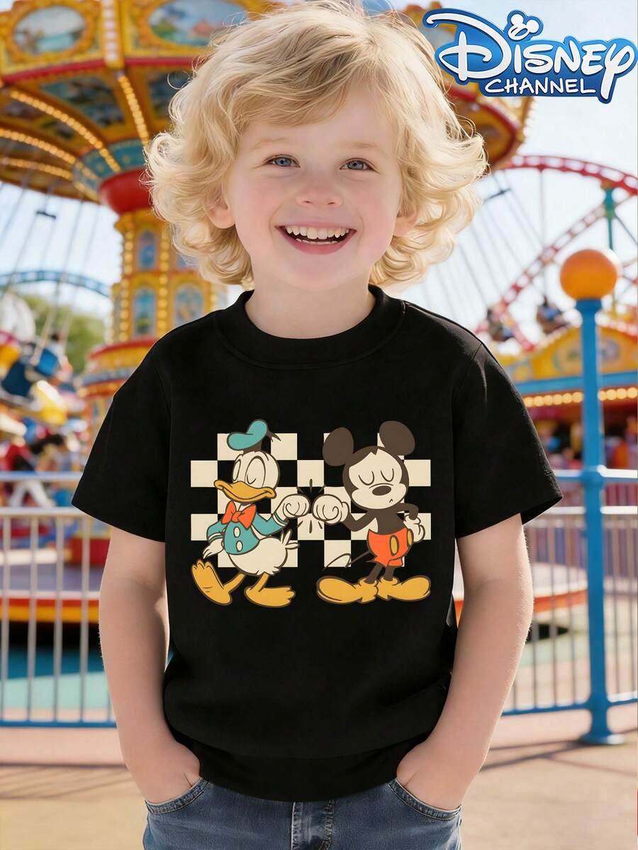 This Disney Mickey And Donald Duck High-Five Graphic Crewneck Summer T-Shirt Is Suitable For Boys And Girls To Wear To Holiday Parties, Family Gatherings, Outdoor Activities, Travel, And As A Gift For Children Visiting Disneyland. - Black - View 1
