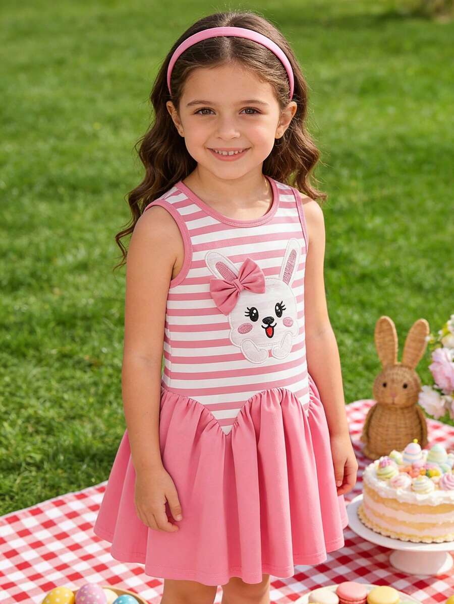 Girls' Casual Dress, Cute Cartoon Rabbit Print 3D Bow Sleeveless Girls' Striped Dress, Suitable For Birthday Party, Outdoor Shopping, Banquet, Party, Daily Wear - Watermelon Pink - View 1