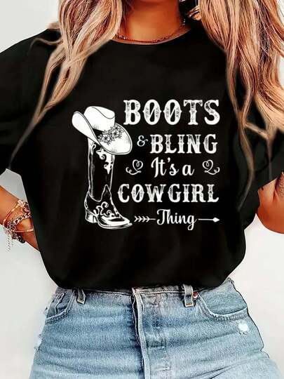 100% Cotton Womens Boots & Bling It's A Cowgirl Thing Western Women T-Shirt Short Sleeve Round Neck Casual Top For Summer & Spring, Women's Men's Graphic Tee