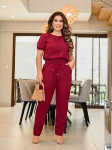 Women's 2-Piece Casual Elegant Set: Pleated Blouse, Cotton Linen Pants With Ruffled Sleeves, Scrub Set, Spring/Summer 2025 Fashion Colors. - Burgundy/Short Sleeve - View 5