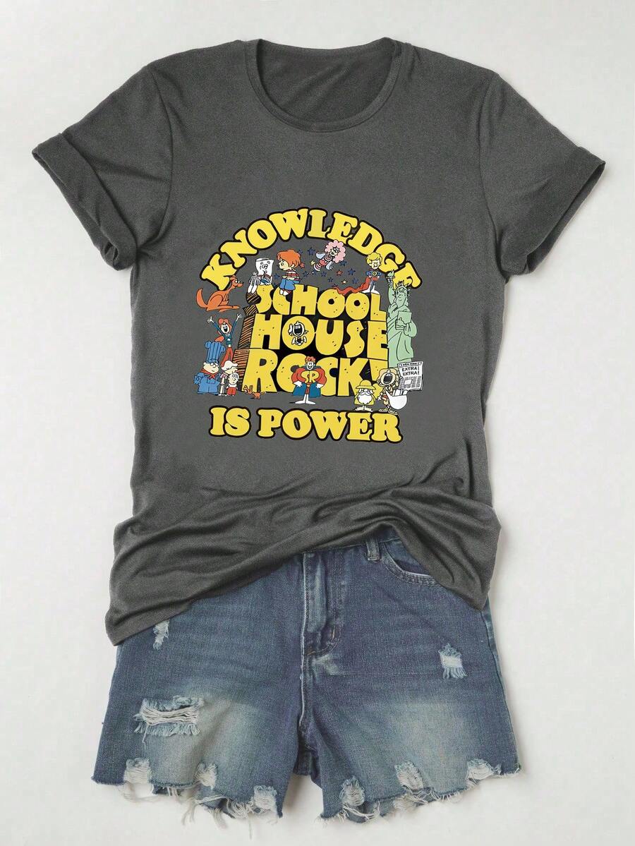 大码女款 Daily Schoolhouse Rock “知识就是力量”标语复古卡通人物圆领短袖休闲春夏秋季T恤 情人节/返校季