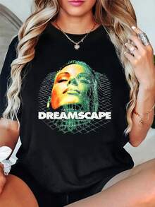 Camiseta de algodón 100% con diseño de arte de cuadrícula de paisaje de ensueño, cuello redondo, manga corta, moda urbana, transpirable, suave, unisex - Negro - Ver 5