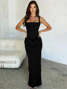 Women's Solid Color Square Neck Backless Tie Waist Ruffle Hem Sexy Elegant Cocktail Party Vacation Date Dress Black Summer - Black - View 4