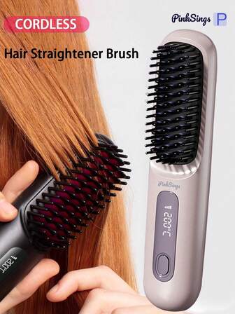 PinkSings Cordless Straightening Brush With LCD Display, Adjustable Temperature, Portable Mini Hair Straightener, Travel Essential, Negative Ion Hot Brush, Women's Styling Hair Tool, Anti-Scald, Ceramic Coating