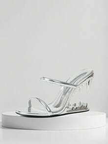 Eelegant Womens High Heeled Sandals Open Toe Wedges Slip On High Heel Metallic Shark Teeth Heels Slingback Slides Nightclub Party Outdoor Business Casual Office Wedding Dressy Comfy Concert Street Style Walking Fashionable Valentines Day Gifts Spring Summer Sandals For Women Silver Heels