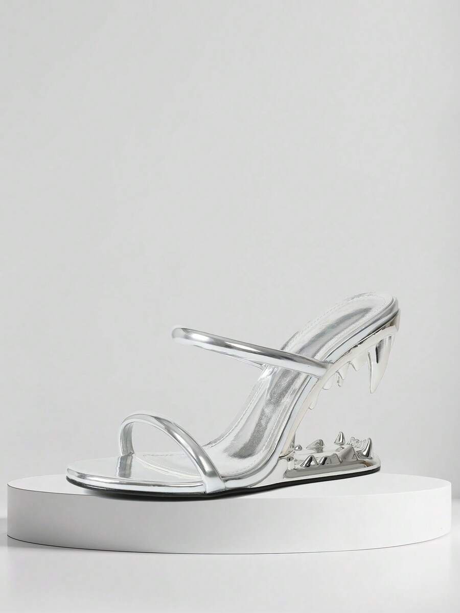 Eelegant Womens High Heeled Sandals Open Toe Wedges Slip On High Heel Metallic Shark Teeth Heels Slingback Slides Nightclub Party Outdoor Business Casual Office Wedding Dressy Comfy Concert Street Style Walking Fashionable Valentines Day Gifts Spring Summer Sandals For Women Silver Heels