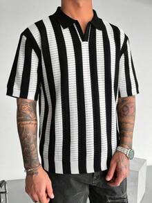 Áo len nam tay ngắn kẻ sọc dáng rộng, kiểu dáng thường ngày. - Đen và trắng - Xem 4