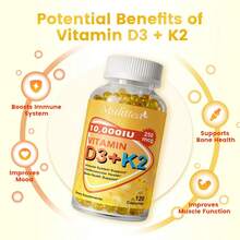 Mulittea Vitamin D3 & K2 M.K-7 Capsules - 60 Capsules | 10,000 I.U | Supports Immune, Bone & Cardiovascular Health | Plant-Based Supplement - một chai(60 cái) - Xem 2