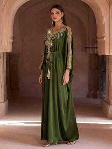 Luxury Pink Embellished Long Sleeve Kaftan Robe, Elegant Middle Eastern Style, Arabic Women Long Robe, Abaya, Modest And Graceful - Army Green - View 7